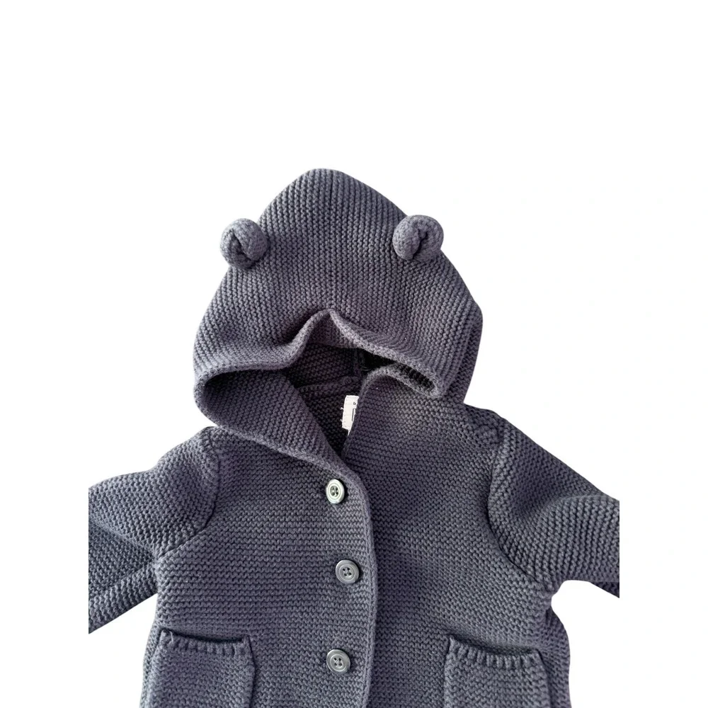 Baby Gap Bear Ear Hooded Garter Stitch Cardigan Navy Blue 0-3 Months